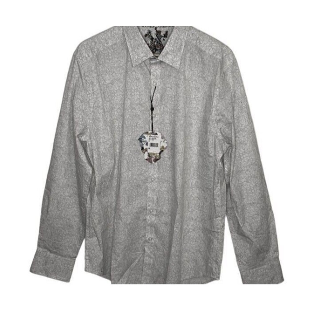 NWT ROBERT GRAHAM L men's shirt contrast cuffs designer white gray long sleeve